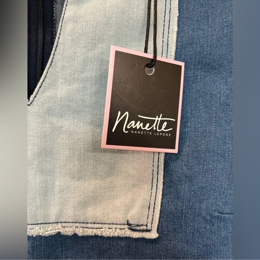 New✨Nanette Lepore | Blue Denim Patchwork Split V-neck Shift Dress - Picture 4 of 6